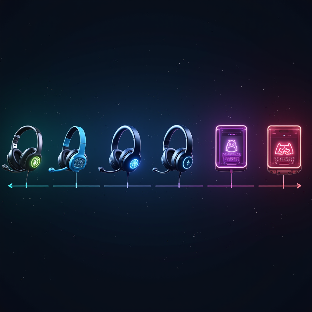 Visual timeline showing the evolution of gaming communication devices from Xbox 360 headsets to modern Discord interfaces and mobile emoji keyboards, with neon accents highlighting each generation's preferred method