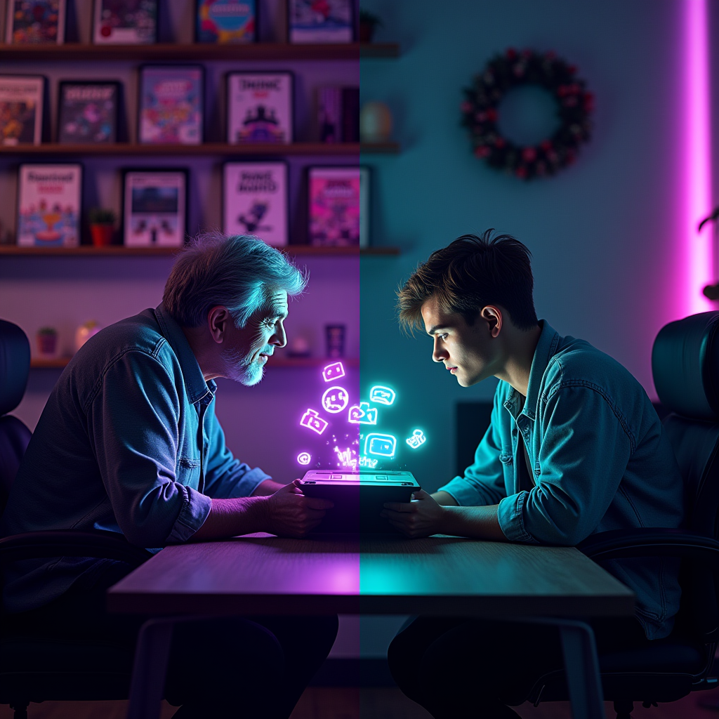 Split screen comparison showing an older gamer surrounded by physical game cases and cartridges on shelves versus a younger gamer using a tablet with streaming service icons floating around them, neon-lit gaming setup with purple and green accent lighting