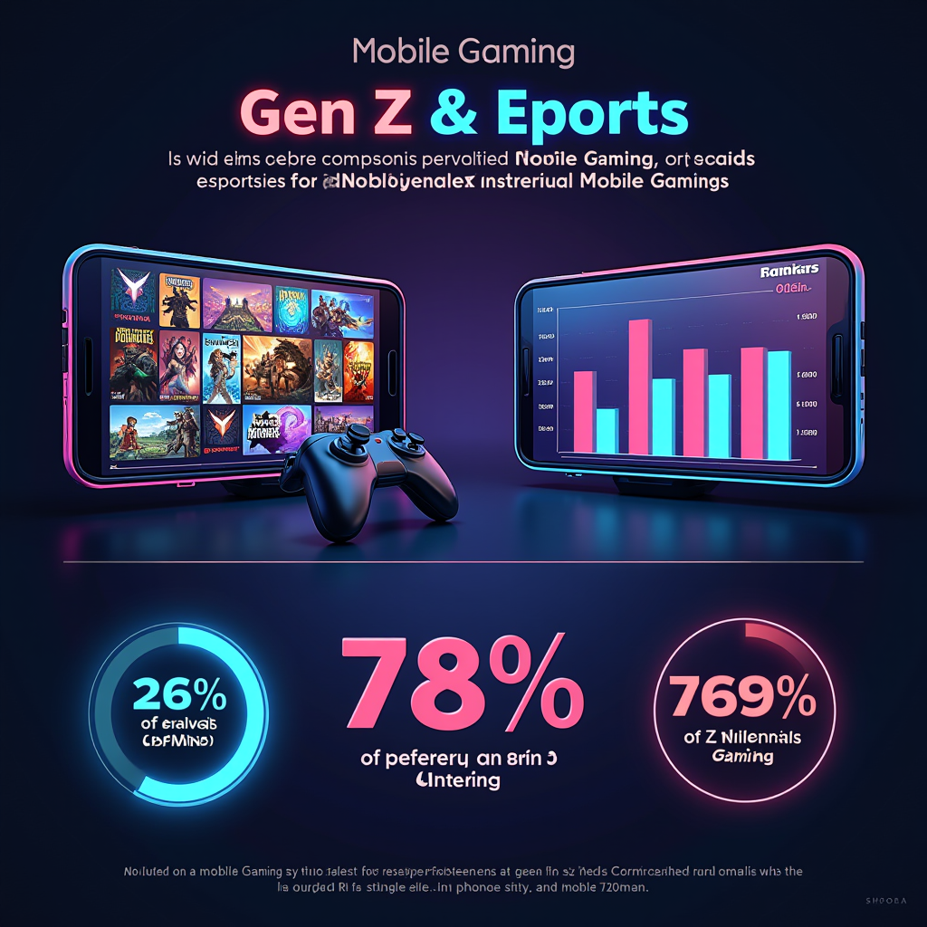 Infographic showing mobile gaming statistics comparing Gen Z and Millennials, featuring smartphone screens displaying popular mobile esports titles, data visualization with neon charts and graphs showing 78% of Gen Z prefer mobile gaming