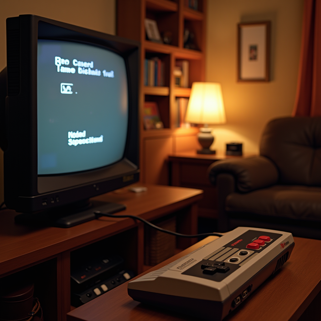 Authentic 1980s living room setup with original NES console connected to a CRT television, surrounded by game cartridges and period-appropriate furniture with warm nostalgic lighting