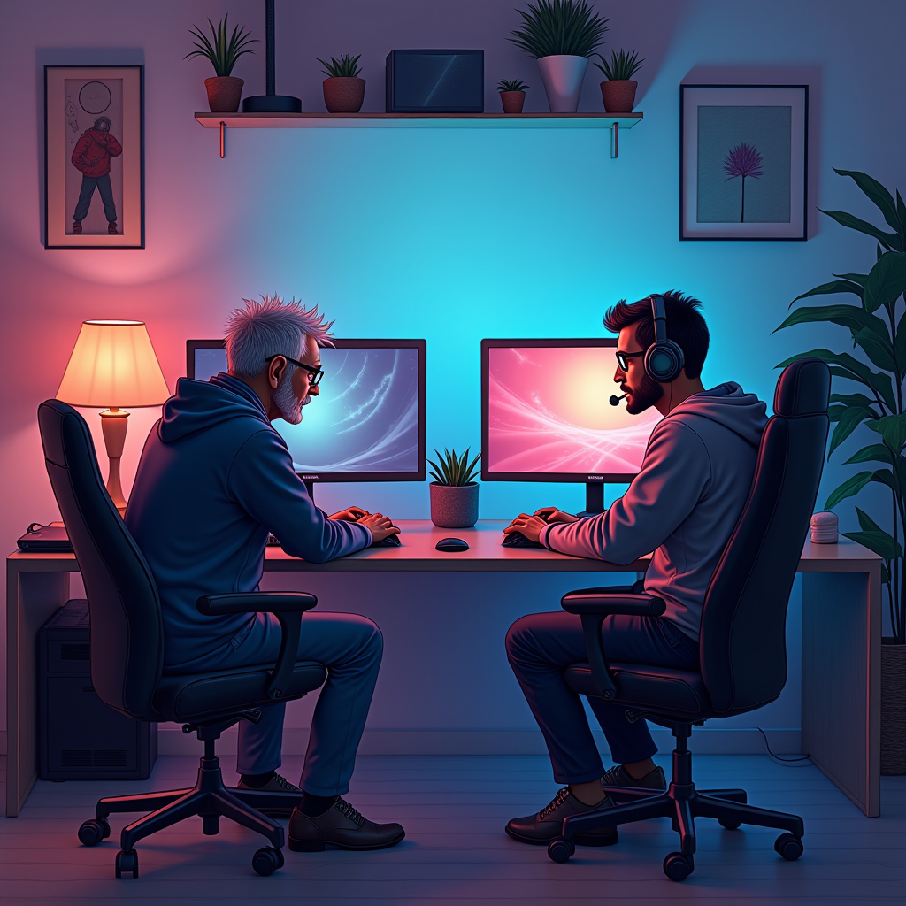 Artistic illustration depicting the old vs new gamers debate, showing contrasting gaming setups and philosophies between veteran and modern gamers