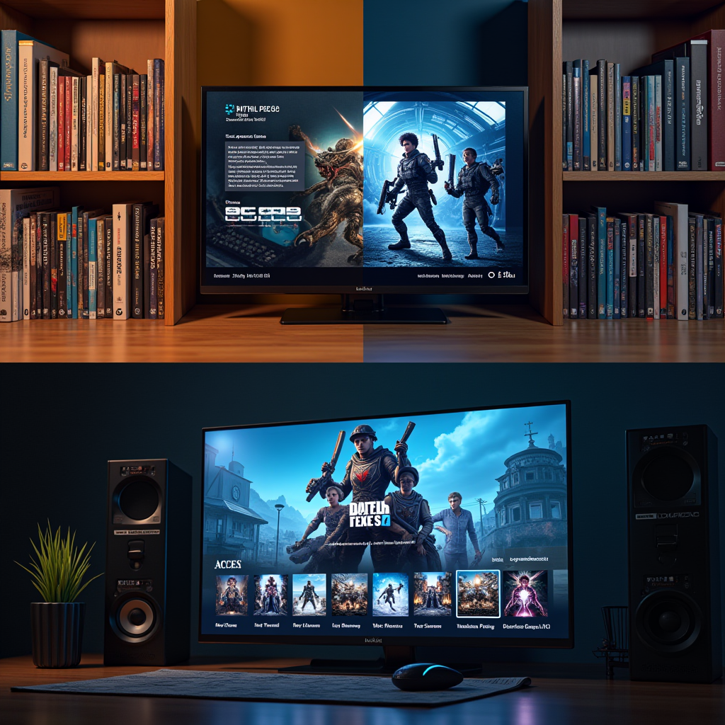 Comparison image showing shelves of physical game collections versus modern streaming service interface displaying Game Pass library, representing shift from ownership to access model in gaming