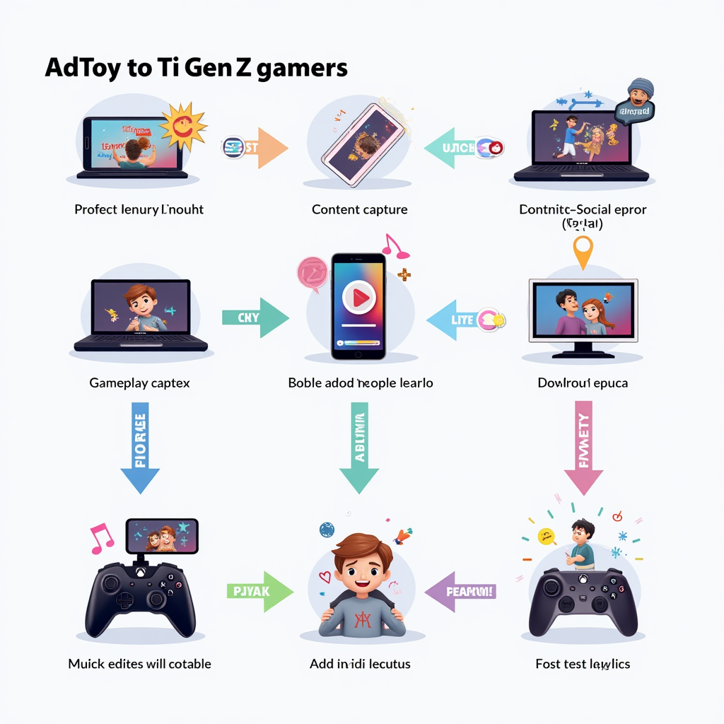 Workflow diagram showing Gen Z gamer's content creation process from gameplay capture to TikTok posting, including mobile screen recording, quick editing on smartphone, adding effects and music, and publishing to social media with engagement analytics