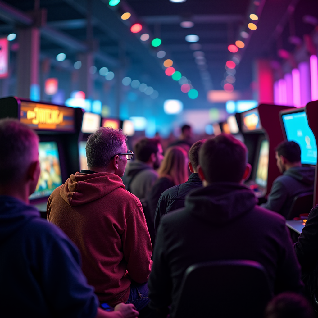 Gaming convention scene showing diverse age groups gathered around retro gaming stations, with older and younger gamers playing together and sharing experiences under colorful arcade lighting