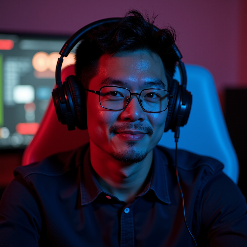 Portrait of Marcus Chen, senior gaming analyst and Gen X gamer, wearing headphones in a retro gaming setup
