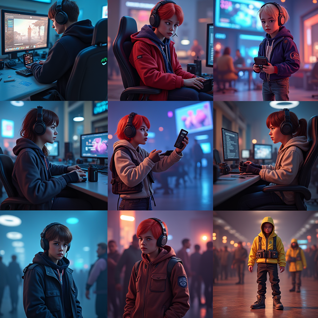 Montage showing Gen Z gamers expressing identity through in-game cosmetics, character customization screens, rare skins and items, social media posts featuring customized game characters, digital fashion in gaming context