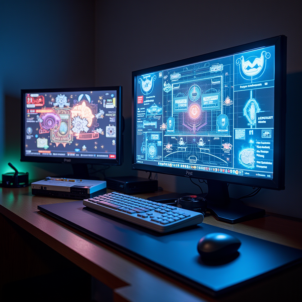 Futuristic gaming setup blending vintage and modern elements, showing holographic displays of classic games alongside physical retro consoles, representing the evolution and preservation of gaming history