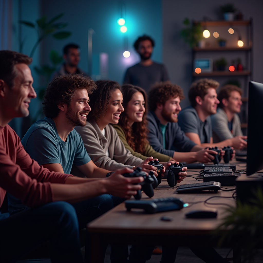 Diverse group of gamers spanning multiple generations playing together in a shared space, various gaming setups and controllers representing different eras, celebration of gaming diversity and inclusive community